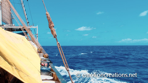 Sailing towards Northern Cook Islands on the Kwai vessel